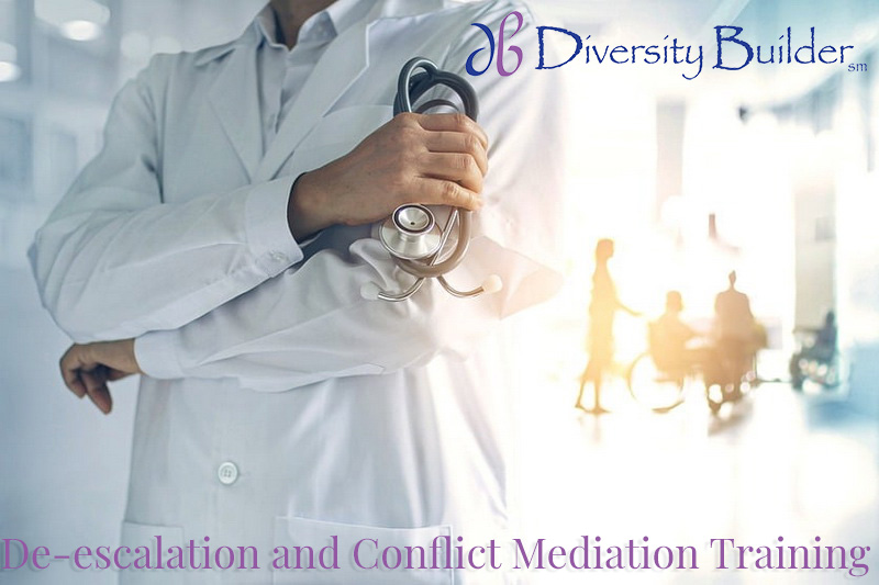 hospital-deescalation-violence-prevention doctor white coat stethoscope with patients at hospital